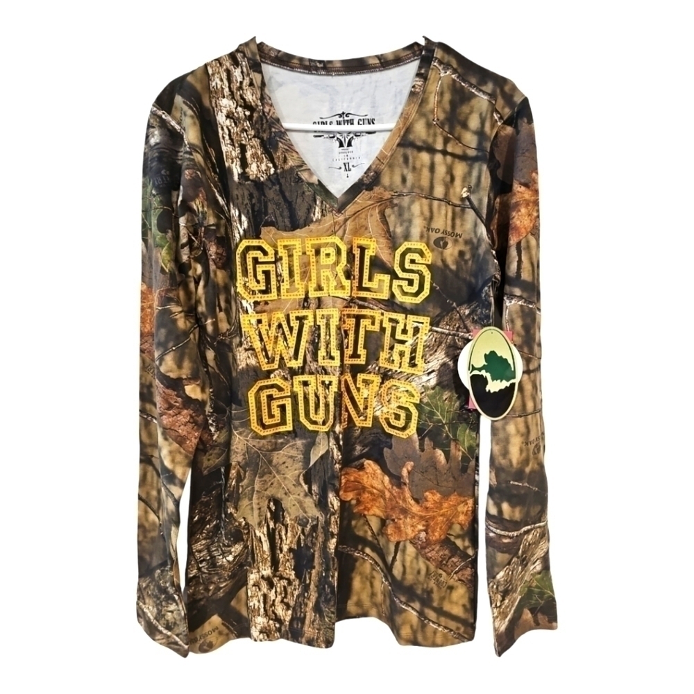 GIRLS WITH GUNS camo top mossy oak stone tee top shirt sz Sz M XL